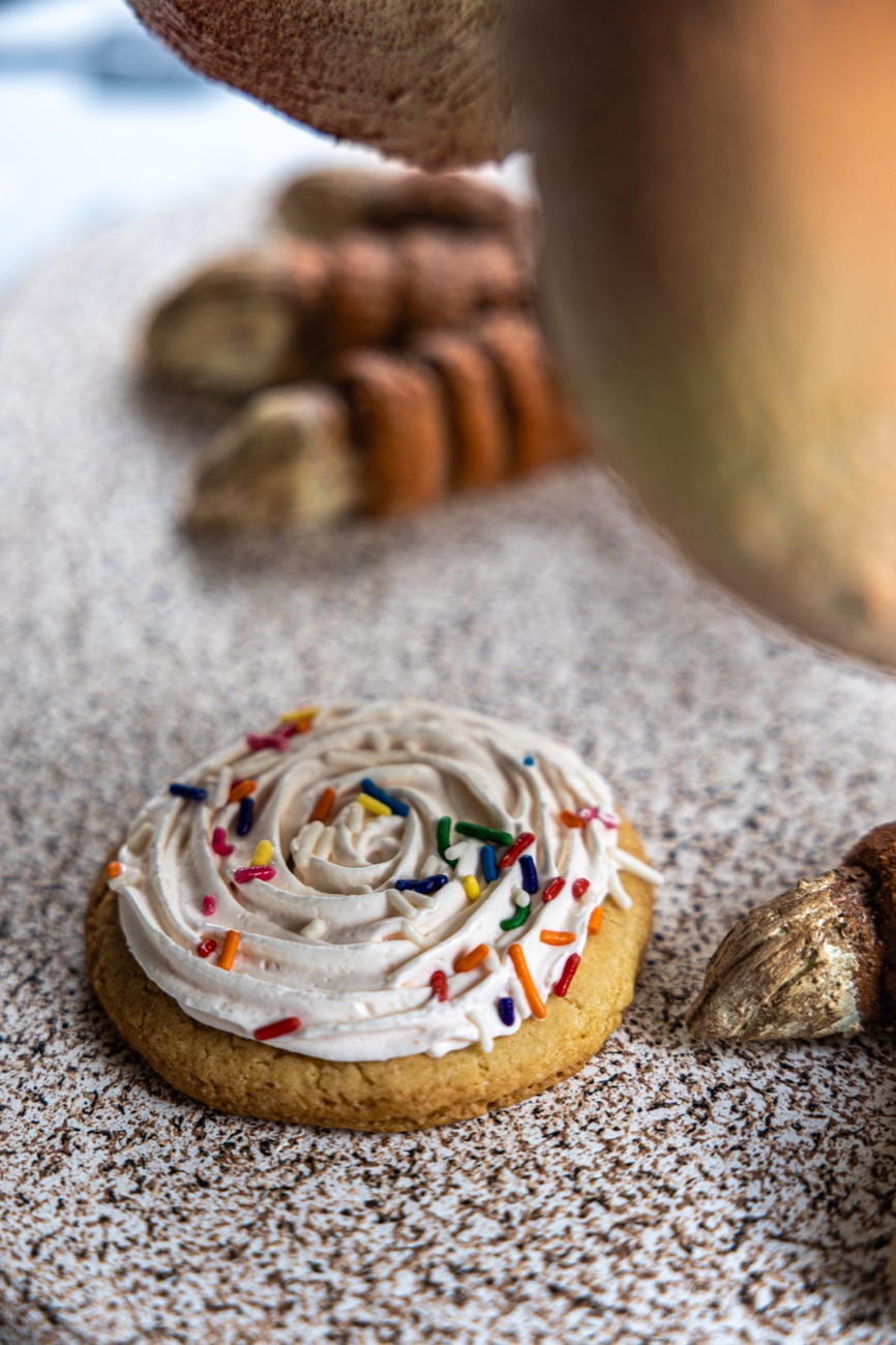 A frosted sugar cookie with rainbow sprinkles